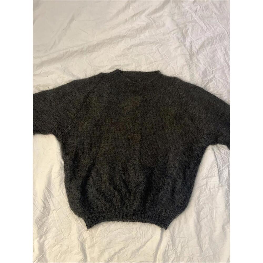 VTG Paul Et Duffier Italy Mohair Wool Sweater L Gray Green Fluffy Fuzzy Pullover